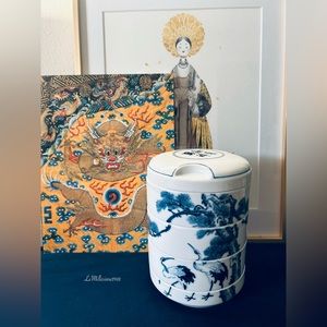 Vintage  4 Tier Jubako Porcelain Box Blue White With Cranes